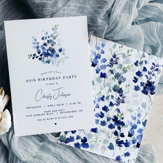 Blue Floral Birthday Party Invitation