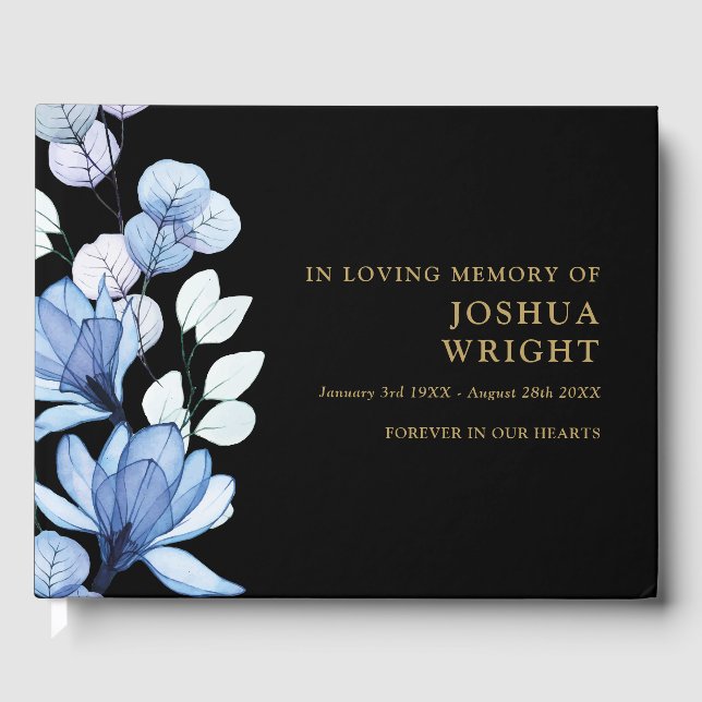 Blue Floral Black And Gold Loving Memory Funeral Guest Book (Front)