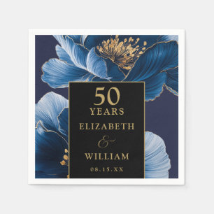 Blue Floral Black And Gold Modern 50th Anniversary Napkin