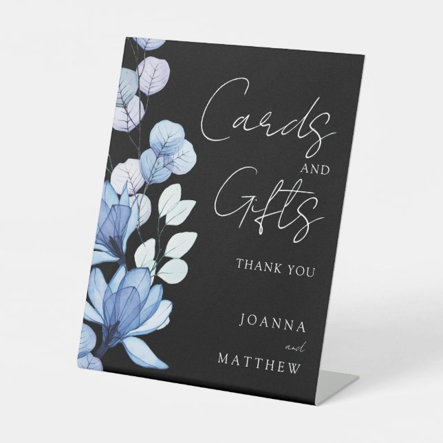 Blue Floral Black And White Cards And Gifts Pedestal Sign (Front)