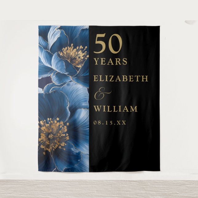 Blue Floral Black Gold 50th Anniversary Backdrop Tapestry (Front)
