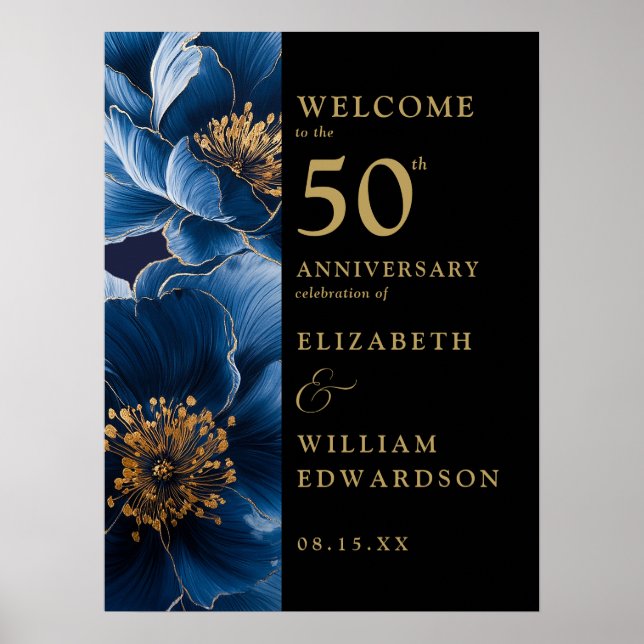 Blue Floral Black Gold 50th Anniversary Sign (Front)