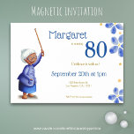 Blue Floral Black Grandmother 80th Birthday Magnetic Invitation<br><div class="desc">Cute floral magnetic invitation for your mother or grandmother’s birthday party. Designed in beautiful blue colours, the illustrations combine some watercolor flowers with the old lady holding a cane. She is dressed in a blue jacket, blue skirt and brown sleepers. Her grey hair is tight in a bun and he...</div>