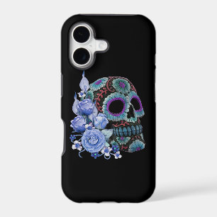 Blue Floral Black Sugar Skull Day Of The Dead