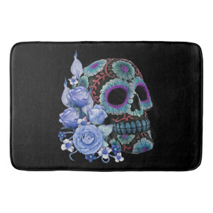 Blue Floral Black Sugar Skull Day Of The Dead Bath Mat
