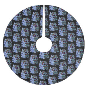 Blue Floral Black Sugar Skull Day Of The Dead Brushed Polyester Tree Skirt
