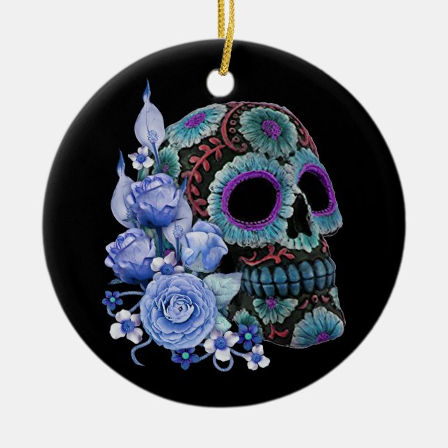 Blue Floral Black Sugar Skull Day Of The Dead Ceramic Ornament (Front)