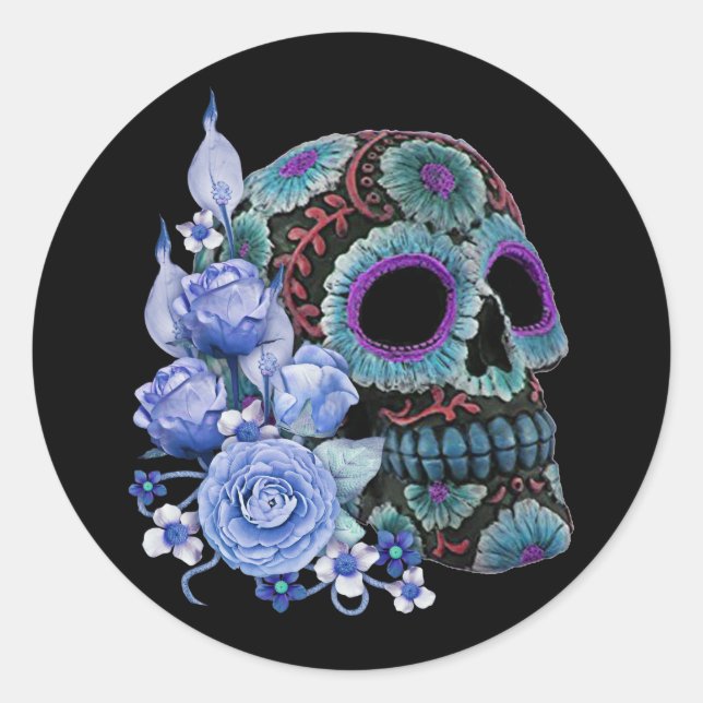 Blue Floral Black Sugar Skull Day Of The Dead Classic Round Sticker (Front)