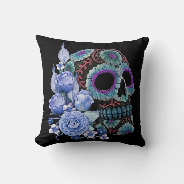 Blue Floral Black Sugar Skull Day Of The Dead Cushion (Front)