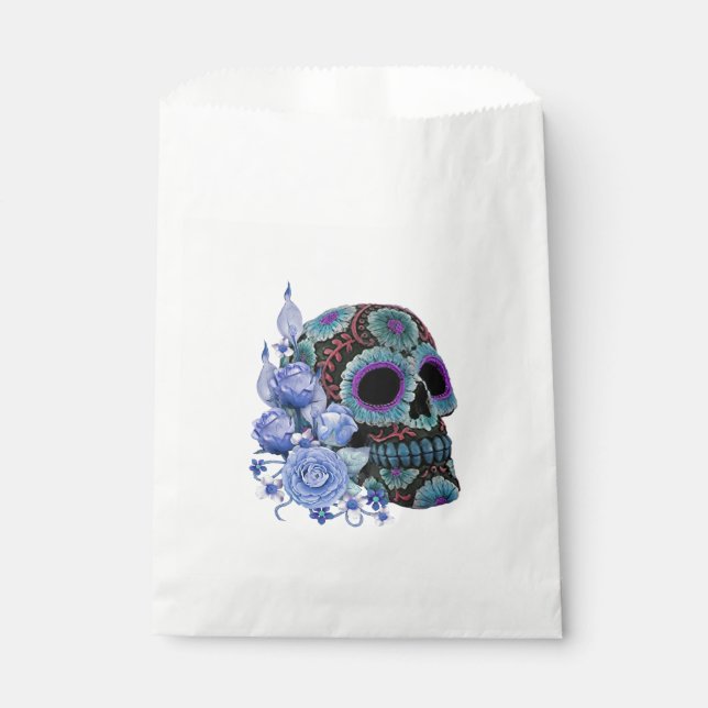 Blue Floral Black Sugar Skull Day Of The Dead Favour Bag (Front)