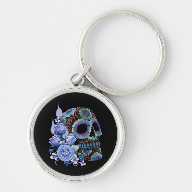 Blue Floral Black Sugar Skull Day Of The Dead Key Ring (Front)