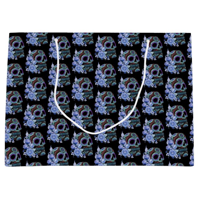 Blue Floral Black Sugar Skull Day Of The Dead Large Gift Bag (Front)