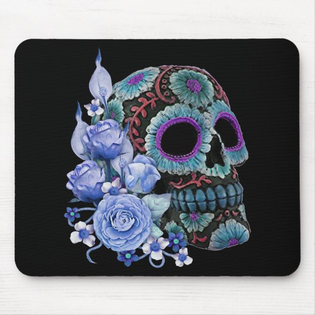 Blue Floral Black Sugar Skull Day Of The Dead Mouse Pad (Front)
