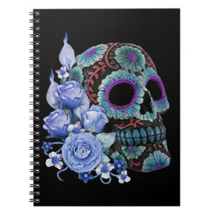 Blue Floral Black Sugar Skull Day Of The Dead Notebook