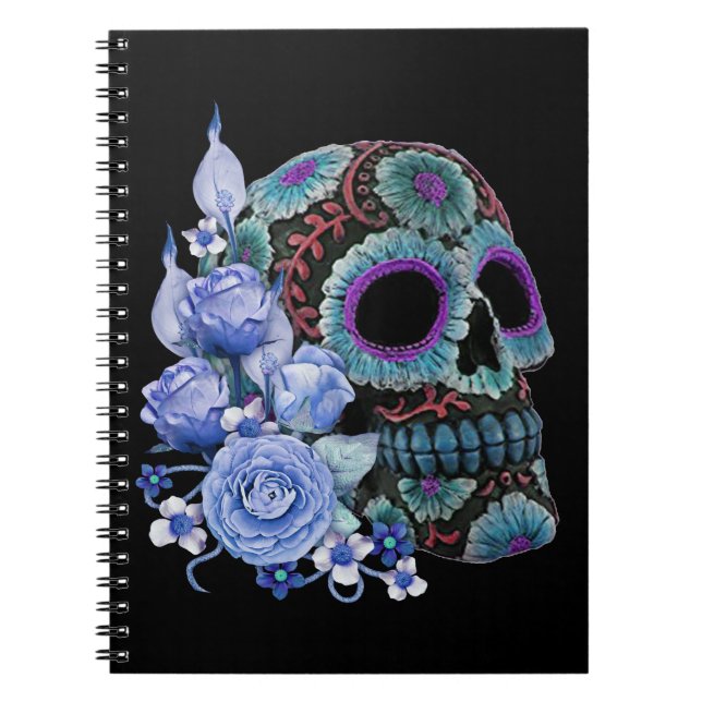 Blue Floral Black Sugar Skull Day Of The Dead Notebook (Front)