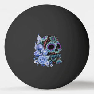 Blue Floral Black Sugar Skull Day Of The Dead Ping Pong Ball