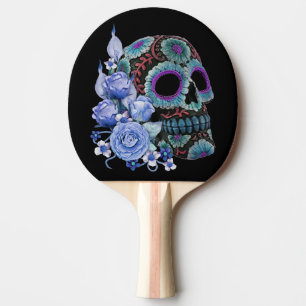 Blue Floral Black Sugar Skull Day Of The Dead Ping Pong Paddle