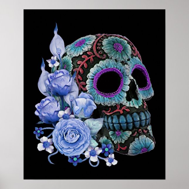 Blue Floral Black Sugar Skull Day Of The Dead Poster (Front)