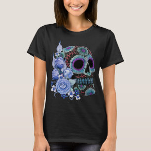 Blue Floral Black Sugar Skull Day Of The Dead T-Shirt