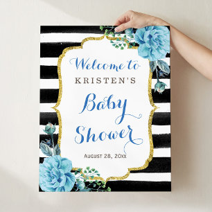 Blue Floral Black White Striped Baby Shower Sign