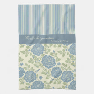 Blue Floral Block Print w Blue Stripes Tea Towel