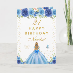 Blue Floral Blonde Hair Girl Birthday Card