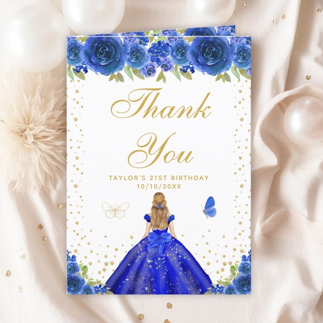 Blue Floral Blonde Hair Girl Birthday Party Thank You Card (Creator Uploaded)