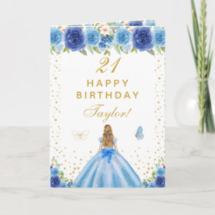 Blue Floral Blonde Hair Girl Happy Birthday Card