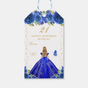Blue Floral Blonde Hair Girl Happy Birthday Gift Tags
