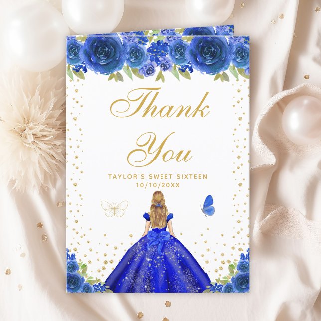 Blue Floral Blonde Hair Girl Sweet Sixteen Thank You Card (Creator Uploaded)