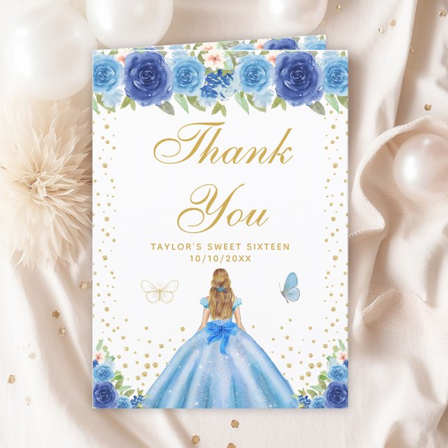 Blue Floral Blonde Hair Girl Sweet Sixteen Thank You Card (Creator Uploaded)