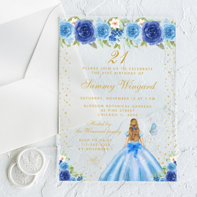 Blue Floral Blonde Hair Princess Birthday Party Acrylic Invitations (Creator Uploaded)