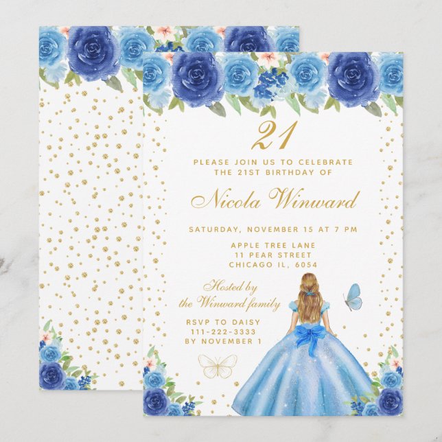 Blue Floral Blonde Hair Princess Birthday Party Invitation (Front/Back)
