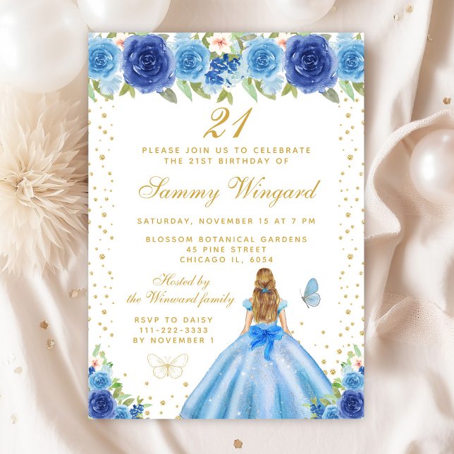 Blue Floral Blonde Hair Princess Birthday Party Invitation (Creator Uploaded)
