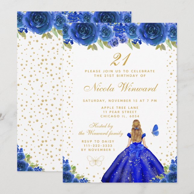 Blue Floral Blonde Hair Princess Birthday Party Invitation (Front/Back)