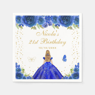 Blue Floral Blonde Hair Princess Birthday Party Napkin
