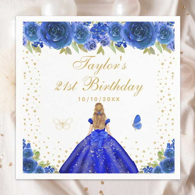 Blue Floral Blonde Hair Princess Birthday Party Napkin (Creator Uploaded)