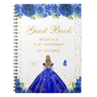 Blue Floral Blonde Hair Princess Birthday Party Notebook