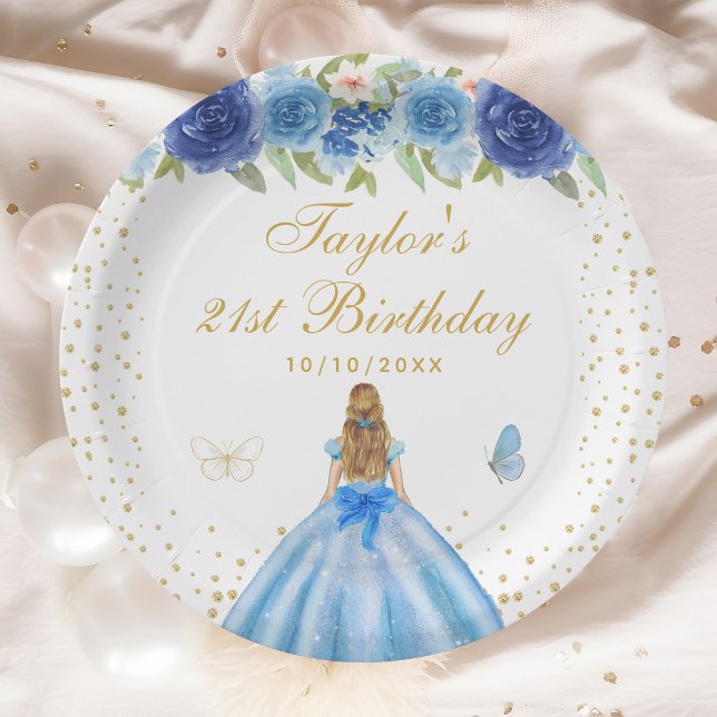 Blue Floral Blonde Hair Princess Birthday Party Paper Plate (Creator Uploaded)