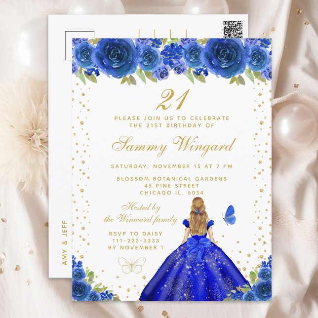 Blue Floral Blonde Hair Princess Birthday Party Postcard (Creator Uploaded)