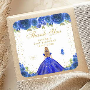 Blue Floral Blonde Hair Princess Birthday Party Square Sticker