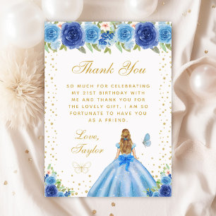 Blue Floral Blonde Hair Princess Birthday Party Thank You Card
