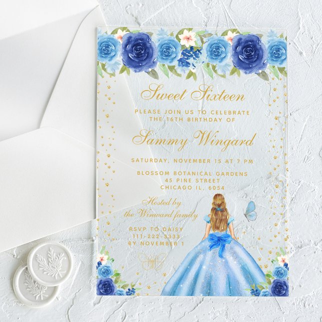 Blue Floral Blonde Hair Princess Sweet Sixteen Acrylic Invitations (Creator Uploaded)
