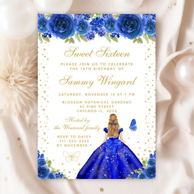 Blue Floral Blonde Hair Princess Sweet Sixteen Invitation (Creator Uploaded)