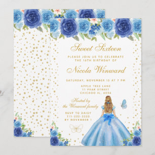 Blue Floral Blonde Hair Princess Sweet Sixteen Invitation
