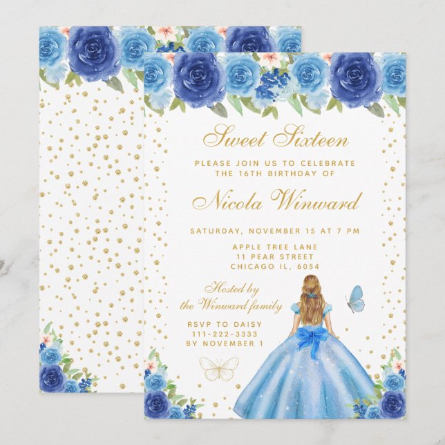 Blue Floral Blonde Hair Princess Sweet Sixteen Invitation (Front/Back)