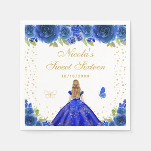 Blue Floral Blonde Hair Princess Sweet Sixteen Napkin