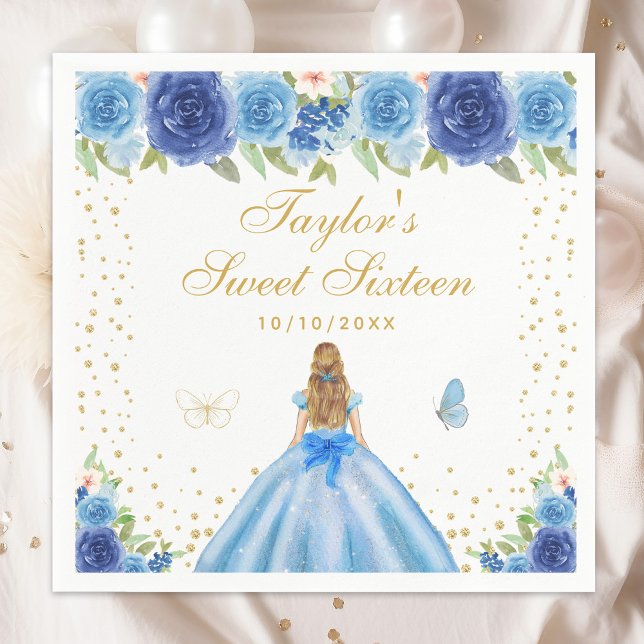 Blue Floral Blonde Hair Princess Sweet Sixteen Napkin (Creator Uploaded)
