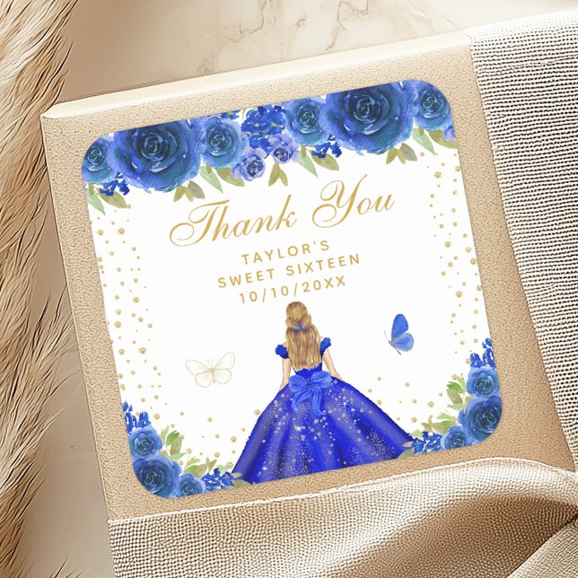 Blue Floral Blonde Hair Princess Sweet Sixteen Square Sticker (Creator Uploaded)