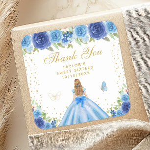 Blue Floral Blonde Hair Princess Sweet Sixteen Square Sticker